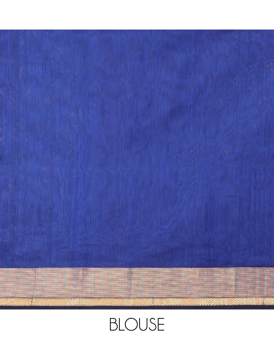 Blue Plain Maheshwari Cotton Saree, Mesmerized with Buttas All Over Its Body, Highlighted by a Zari Border of Traditional Designs, Gleaming Pallu Steeped with Zari Stripes, and Paired with a Matching Blouse