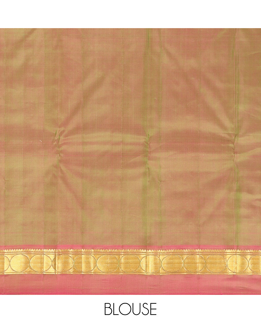 Green Veldhari Striped Kanchipuram Silk Saree, Complemented by a Contrast Kal Eragina Border of Thilakam Mokku, and Rudraskham Design, Pallu of Zari Stripes, and a Contrast Blouse