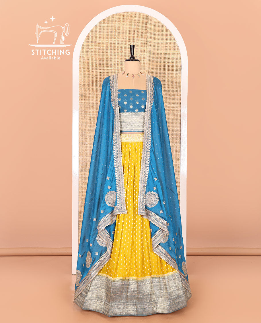 Mustard Buttas Embroidered Half-Saree with Contrast Traditional Motifs, Embroidered Viscose Georgette Border, Contrast Blouse, Intricately Embroidered Syska Georgette Dhavani, and a Embroidered Belt