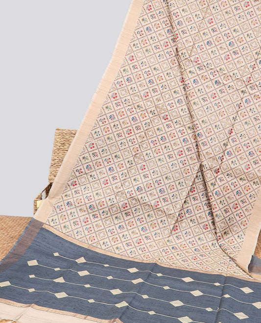 Cream floral enclosed with argyle design tussar silk saree with self-border & striped design pallu
