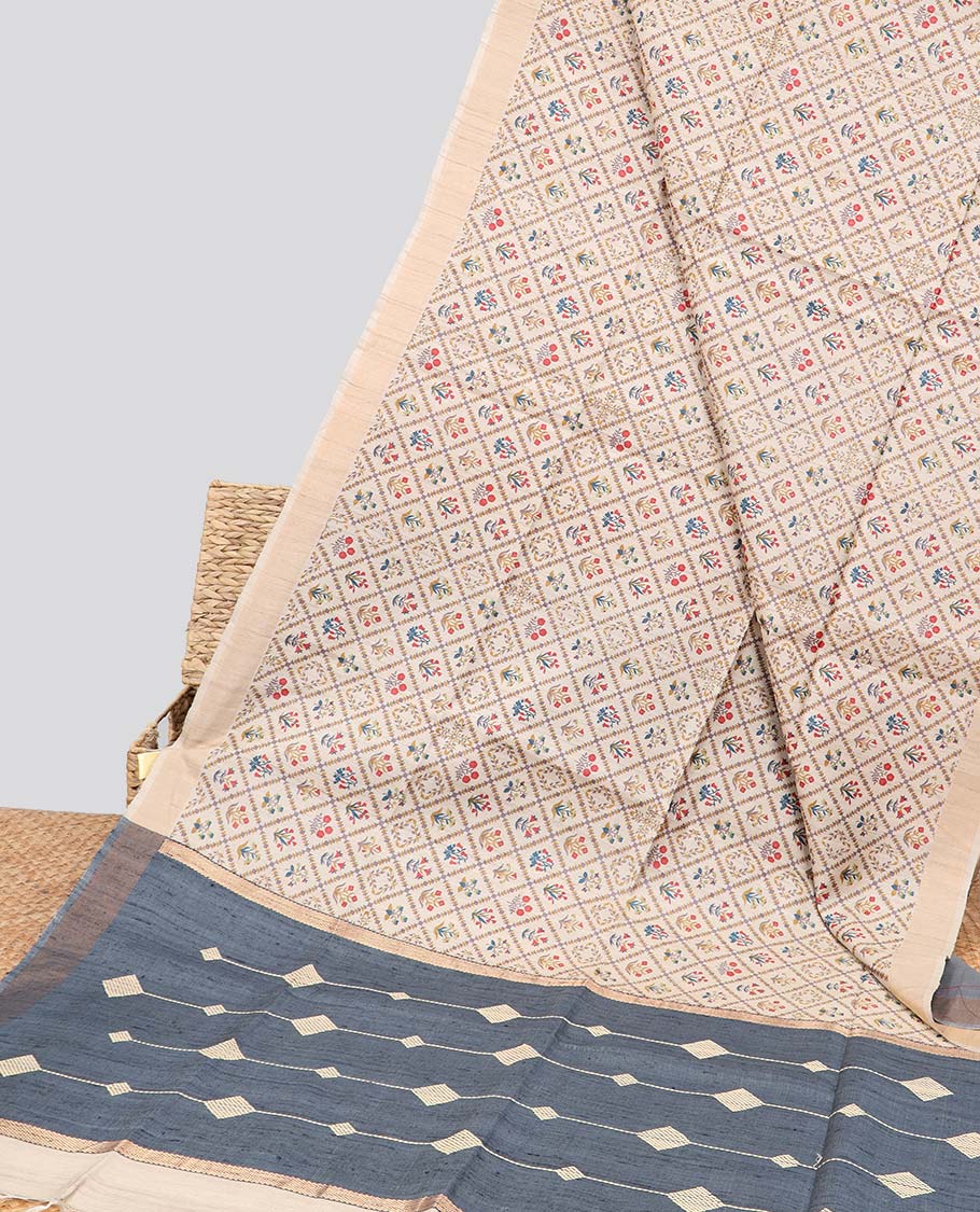 Cream floral enclosed with argyle design tussar silk saree with self-border & striped design pallu