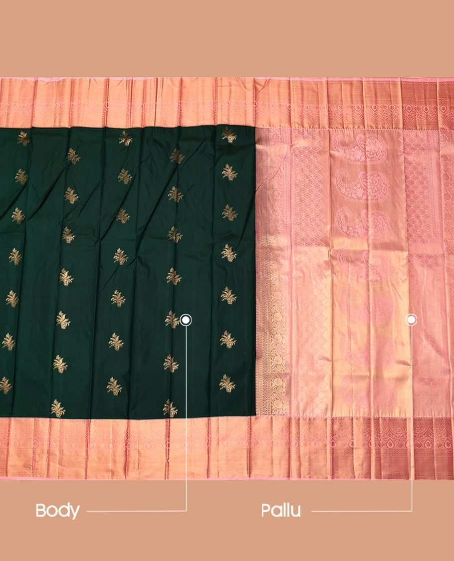 Green Budget Silk Saree, Elevated with Zari Buttas, Complemented by a Contrast Traditional Zari Border, Grand Pallu, and a Contrast Blouse