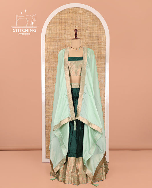 Green Semi-Banaras Half-Saree, Plain Contrast Intricate-Bordered Skirt, Matching Blouse, Contrast Dhavani