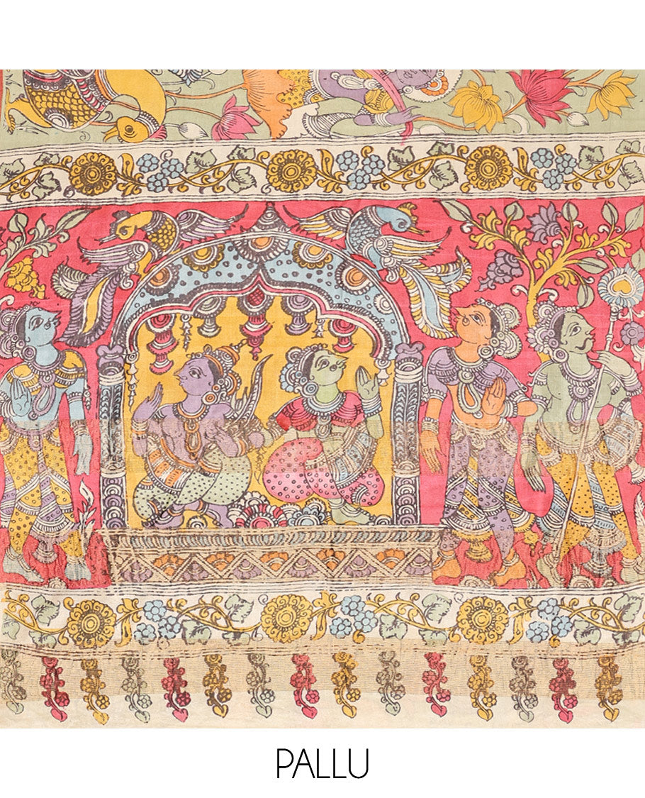 Green Floral-Peacock Pen Kalamkari Silk Saree, a Contrast Border, Human Motifs Pallu, Contrast Blouse