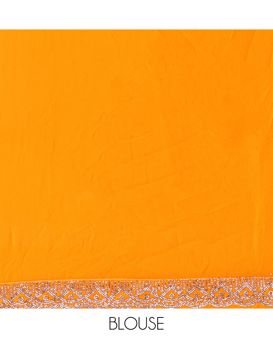 Orange Designer Saree, Richly Detailed with Paisley Mixed Embroidery, a Scallop Stone Work Border, and a Matching Blouse