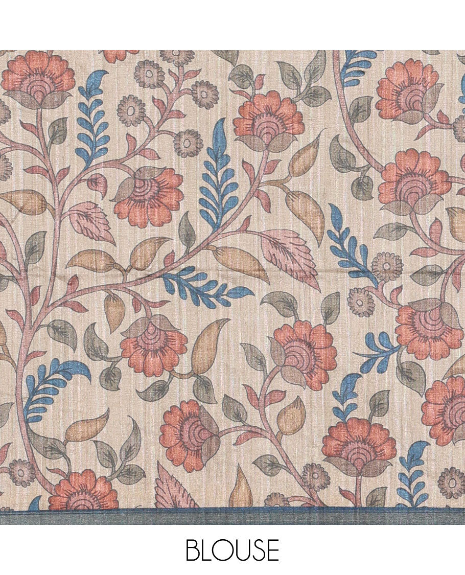 Blue circle abstract printed fancy tussar saree, tissue border, pallu of kalamkari peacock print, and kalamkari floral printed blouse