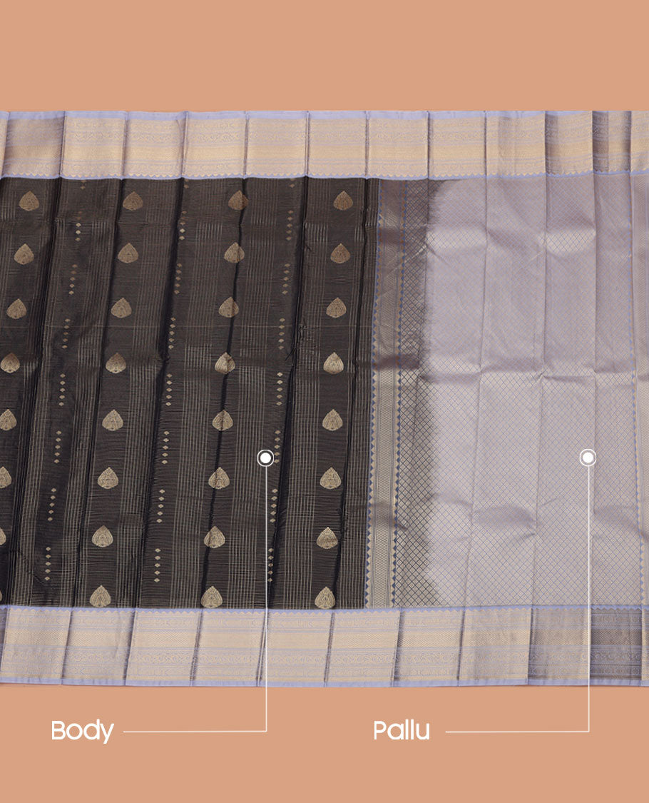 Black Budget Silk Saree, Detailed with Zari Butta and Checks on Its Body, Complemented by a Contrast Traditional Zari Design Border, Pallu of Jaal Designs, and Paired with a Contrast Blouse