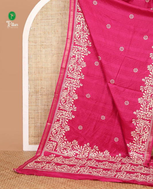Magenta batik-style floral butta printed Malgudi silk saree, batik floral design printed piping zari border & floral printed pallu