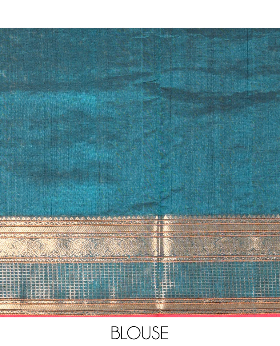 Blue Kuppadam Silk Saree, Finely Crafted with Butta Enclosed Checks, a Traditional Zari Border, Pallu of Temple Designs, and a Matching Blouse