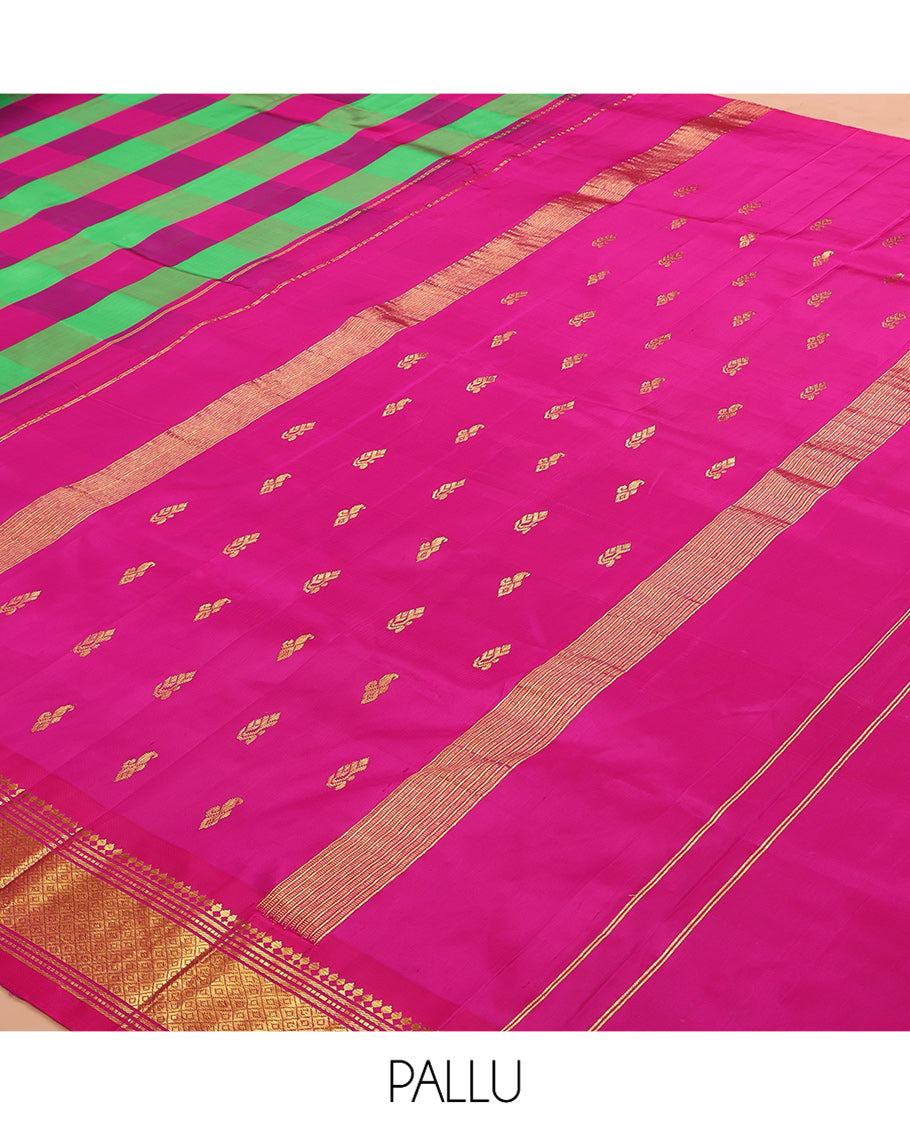 Multi-Color Palum Pazhamum Checked Kanchipuram Silk Saree, a Zari One-sided Border of Panner Sombu, Banaras, Muthu, and Mayil Kann Design, Zari Woven Pallu, and No Blouse