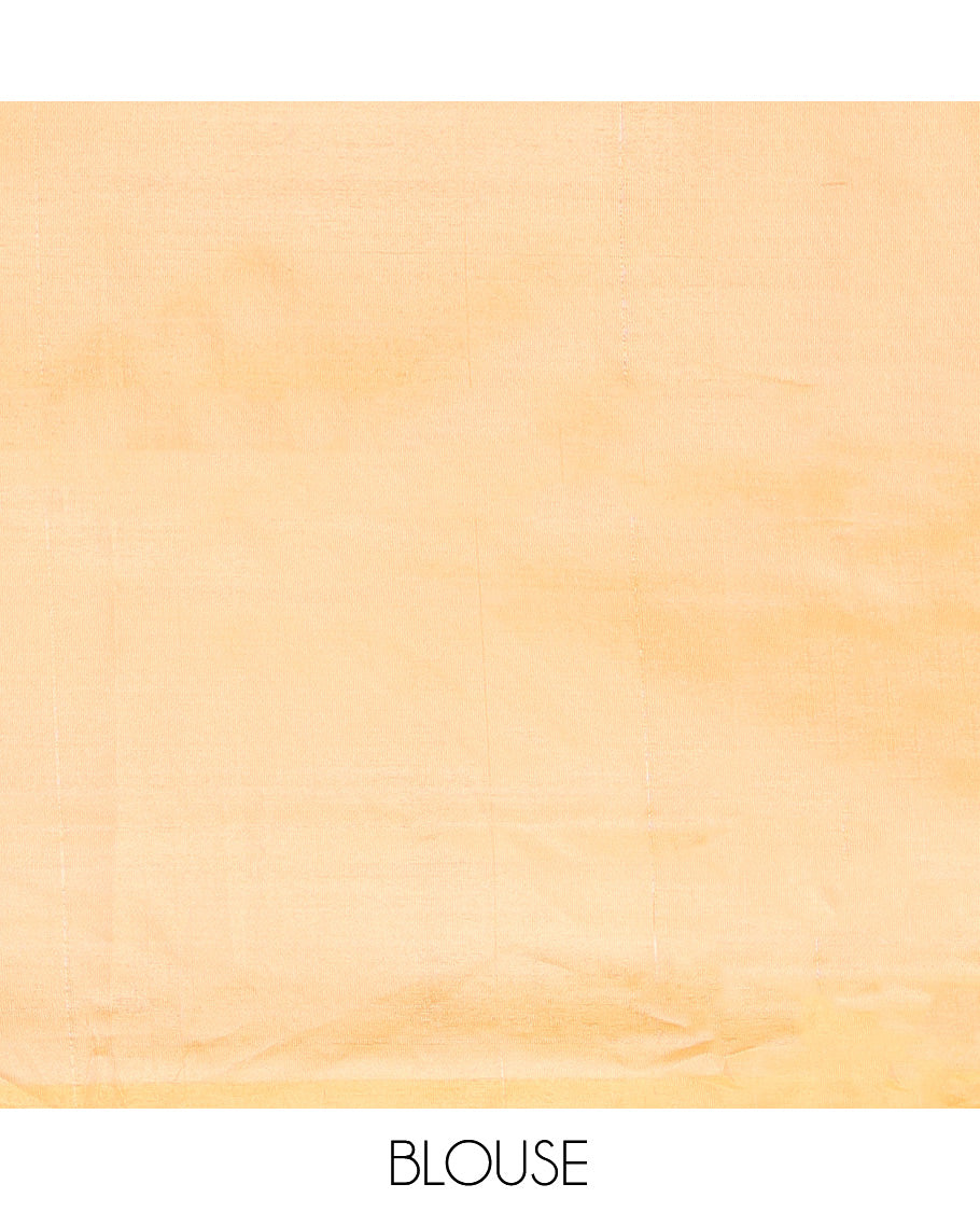 Borderless Red Checked Banana Pith Saree, a Contrast Pallu of Buttas and Stripes, and a Contrast Blouse
