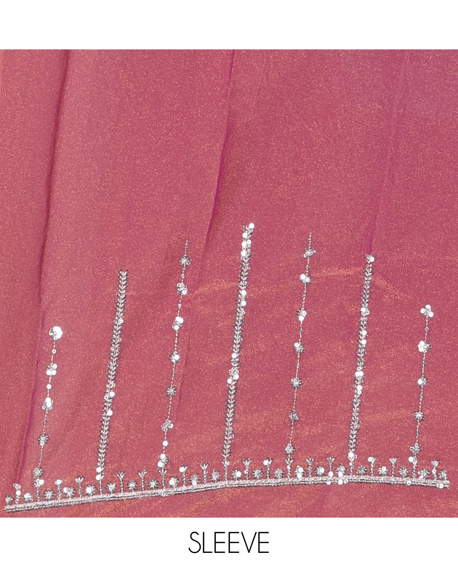 Pink vertical stripes embroidered shimmer chiffon saree, scallop embroidered border, embroidered pallu, and fancy embroidered matching blouse