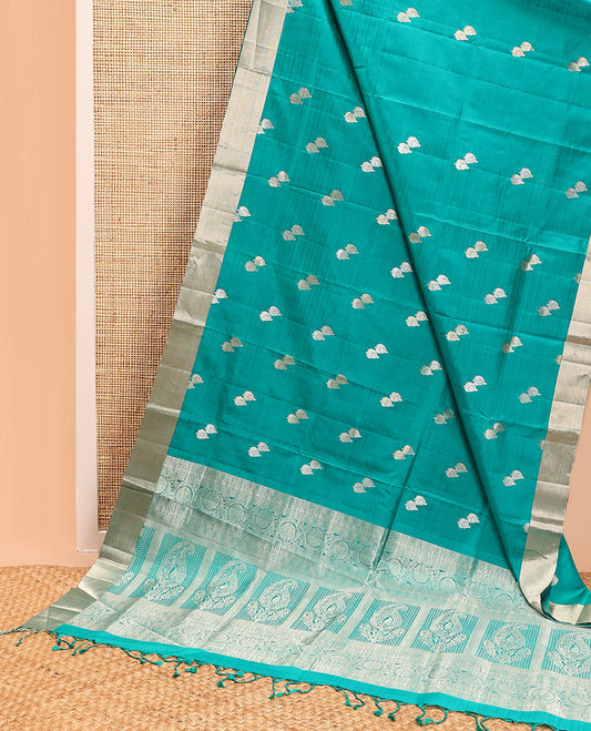 Sea blue floral design mayuri soft silk saree with contrast border & floral zari design pallu