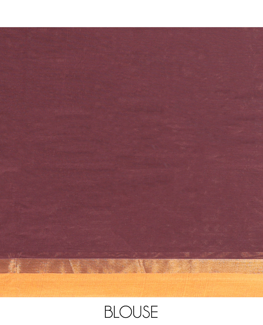 Brown Kanchi Cotton Saree, Adorned with Thread Buttas on Its Body, Complemented by a Contrast Border, Intricately Designed Pallu, and a Matching Blouse