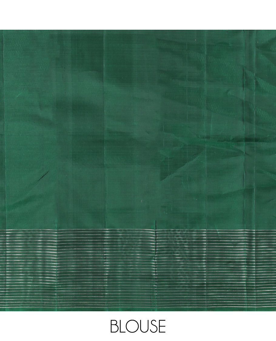 Yellow Kanchipuram Silk Saree, Sparsely Woven with Vaira Oosi Stripes, Complemented by a Contrast Checked Mayil-Chakram Border, Vanki Pallu, and a Contrast Blouse