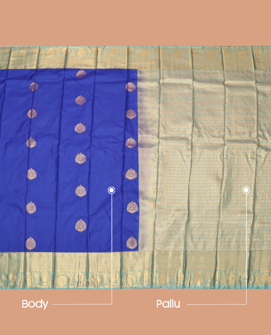 Blue Budget Silk Saree, Woven with Buttas, Complemented by Contrast Floral Creeper Zari Border, Jaal Pallu and a Contrast Blouse