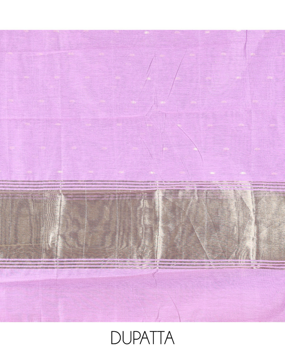 Lavender Banarasi Chanderi Material Churidar, Subtly Woven with Buttas Top, a Plain Bottom, and a Matching Dupatta