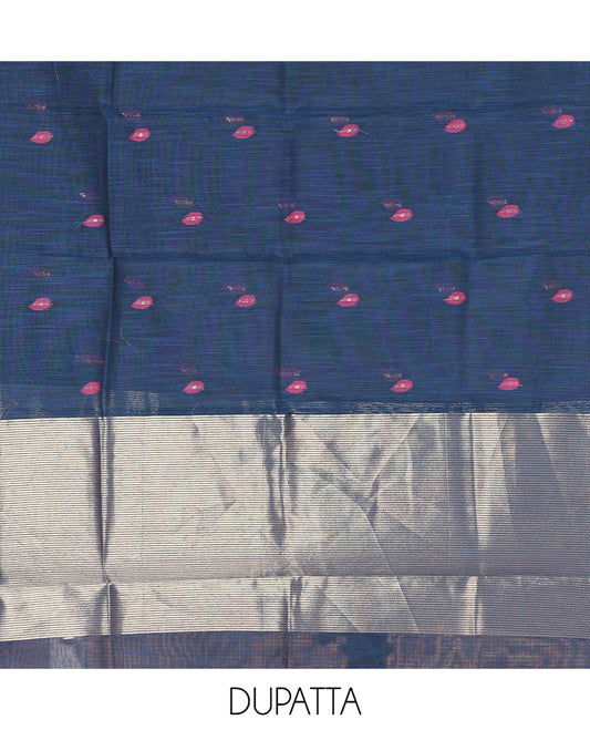 Peacock Blue Semi-Linen Material Churidar, Delicately Woven with Thread Buttas Skirt, a Plain Bottom, and a Thread Buttas Dupatta