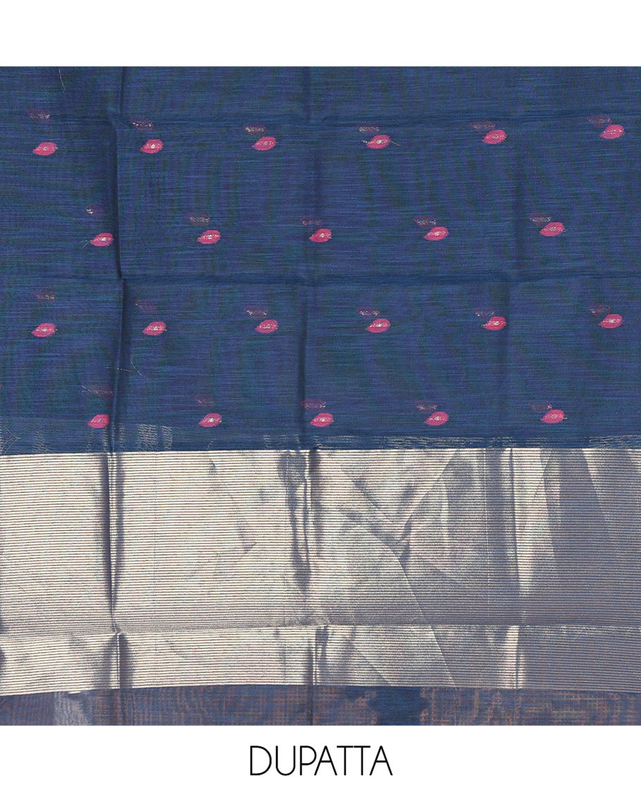 Peacock Blue Semi-Linen Material Churidar, Delicately Woven with Thread Buttas Skirt, a Plain Bottom, and a Thread Buttas Dupatta