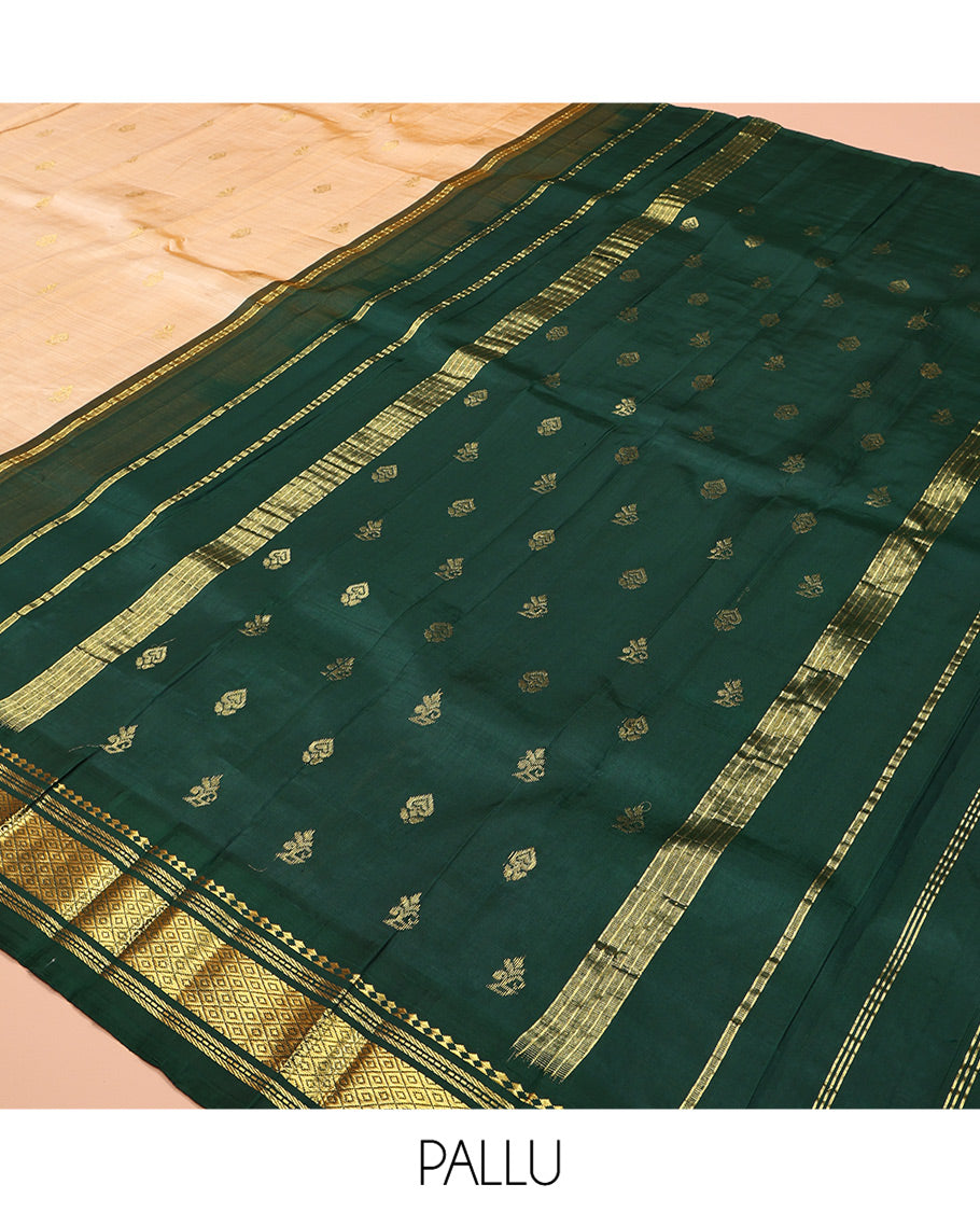 Sandal Kanchipuram Silk Saree, Sparsely Sparkled with Zari Buttas, Contrast One-Sided Korvai Border of Panner Sombu, Banaras, Muthu, and Mayil Kann Designs, Zari Design Pallu, and No Blouse