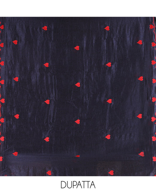 Navy Blue Semi-Silk Material Chudidar, Heart Embroidered Top, Plain Bottom, Heart Embroidered Dupatta