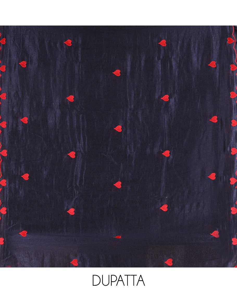 Navy Blue Semi-Silk Material Chudidar, Heart Embroidered Top, Plain Bottom, Heart Embroidered Dupatta