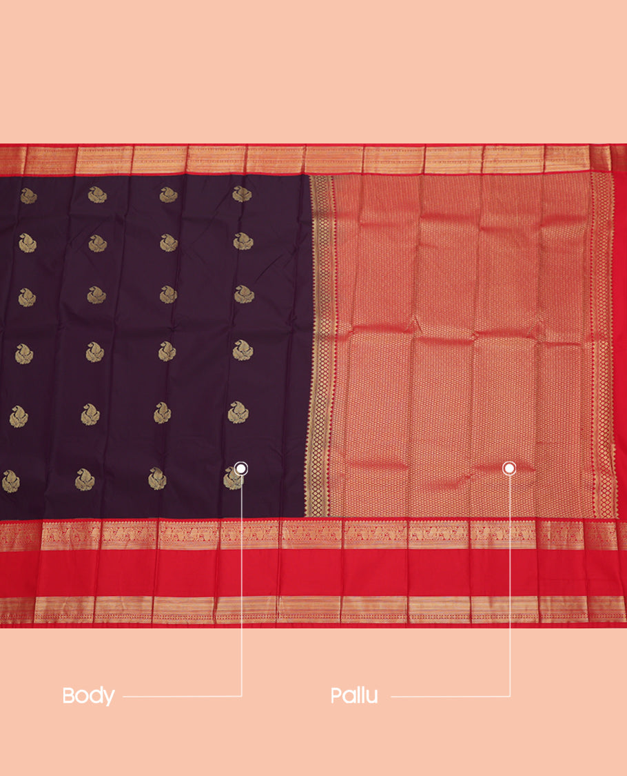 Purple Budget Silk Saree, Embellished with Zari Buttas, Complemented by Contrast Traditional Zari Rettai Pettu Border, Jaal Pallu, and a Contrast Blouse