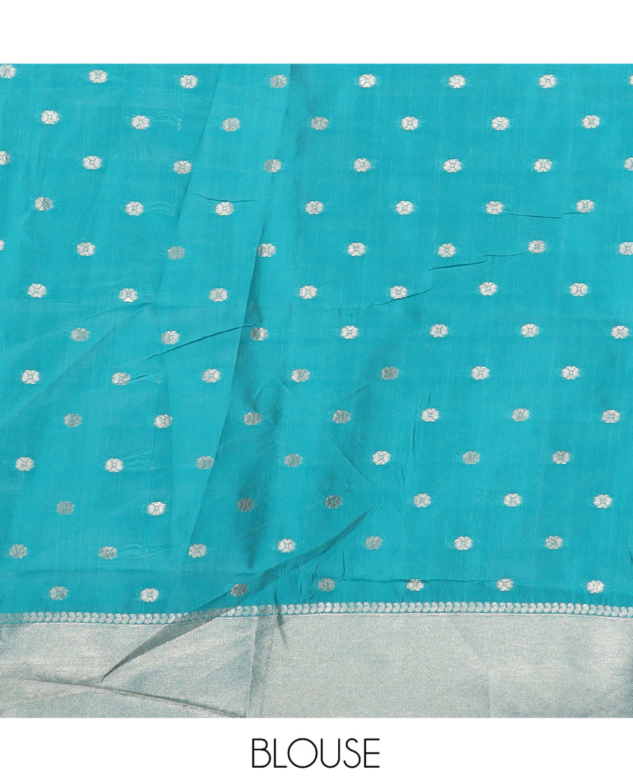Off-White-Blue Semi-Silk Saree, Adorned with Floral Jacquard Design, a Zari Paisley Border, and a Contrast Blouse