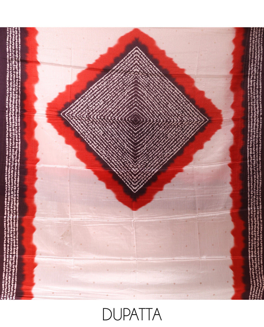 Ivory-Red Satin Crepe Material Chudidar Set