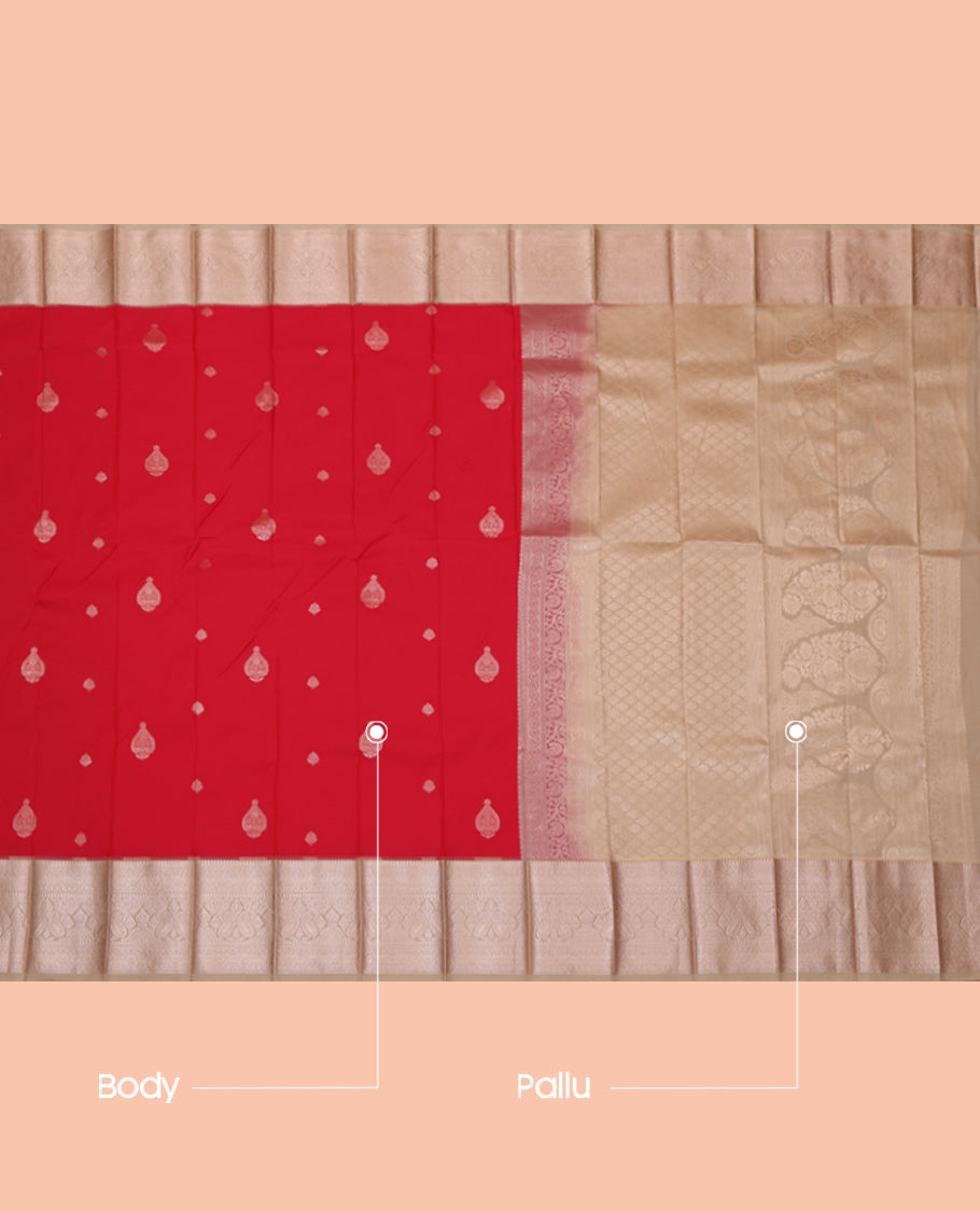 Red Budget Silk Saree, Elevated with Zari Buttas, Complemented by a Contrast Traditional Zari Border, Pallu of Jaal and Paisleys, and a Contrast Blouse