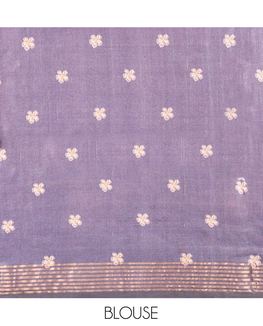 Grey Tussar Silk Saree, Bedecked with Floral-Bird Print, Highlighted by a Zari Border, Contrast Pallu, and a Matching Blouse