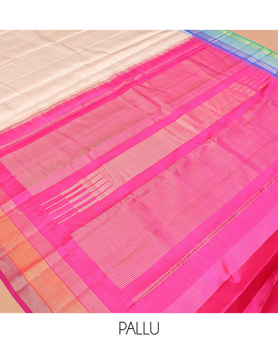 Beige-Striped Bangalore Silk Saree, Complemented by a Contrast Temple Ganga-Jamuna Border, Pallu of Temple and Neli Designs, and a Contrast Blouse