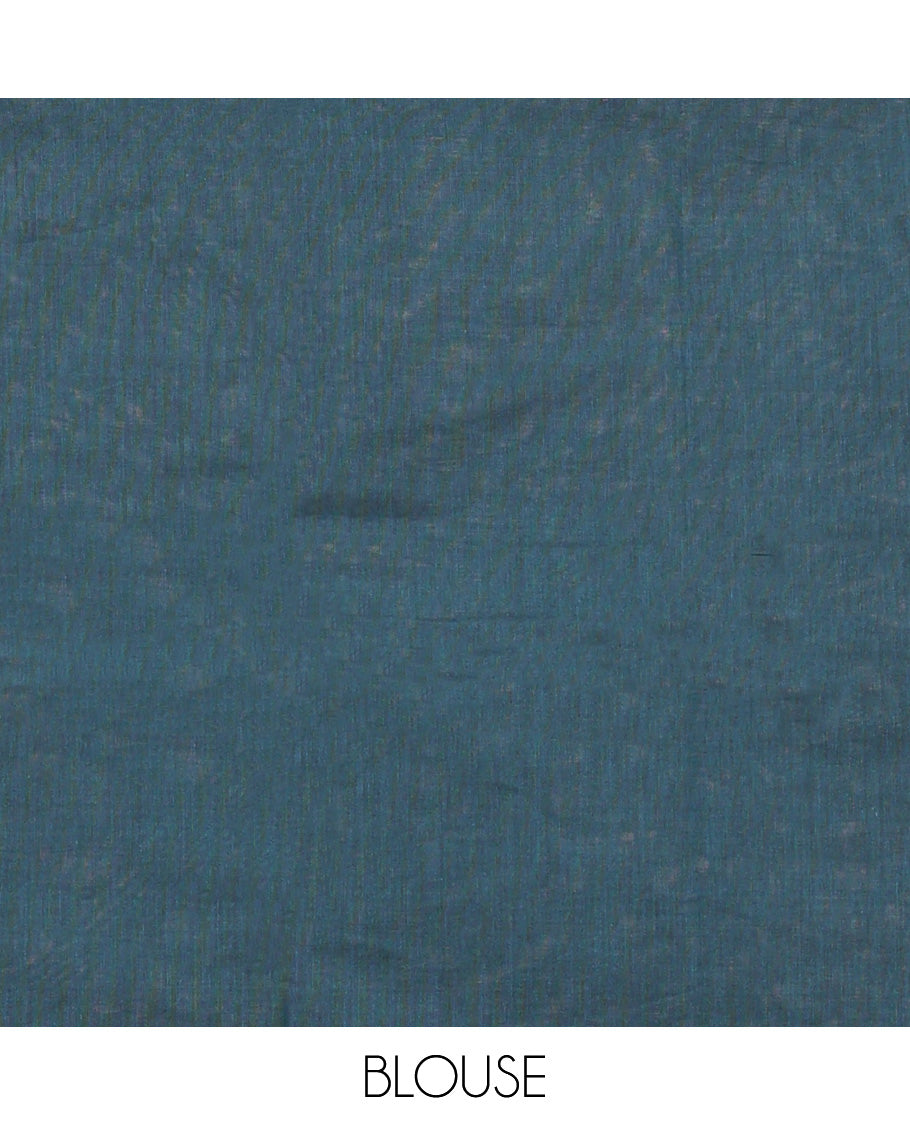 Blue Kanchi Cotton Saree, Adorned with Stripes All Over Its Body, Subtly Sparkled With Temple Border, Jaal Patterned Pallu and Paired with a Matching Blouse