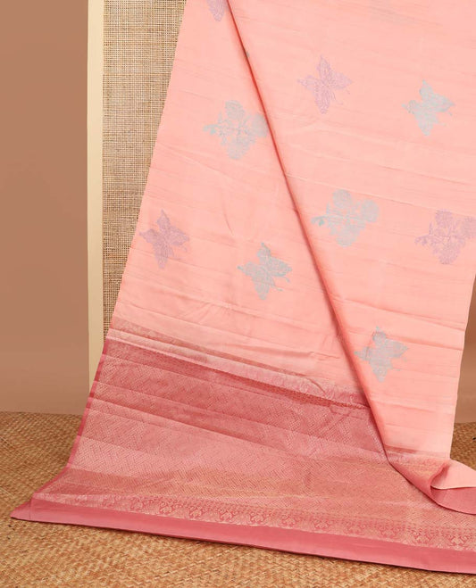 Borderless Peach floral design kancheepuram silk sareee with geometric design pallu