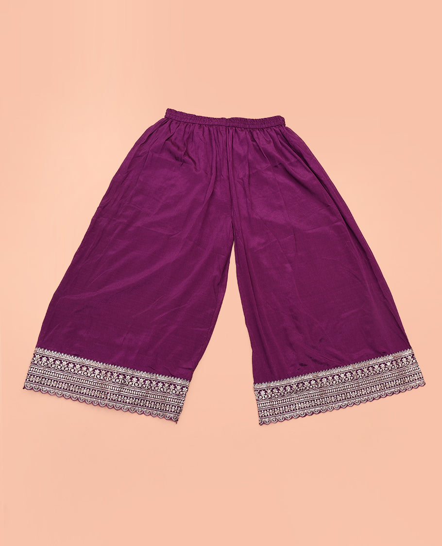 Dark Purple Chudidar Set Beautifully Bedecked with Floral Jaal Jacquard Design Viscose Chinon Unstitched Top, Readymade Free Size Sharara Pants, and a Chinon Embroidered Scallop-Bordered Dupatta