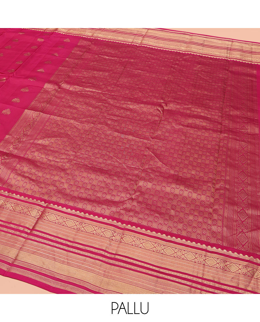 Pink Vasundhara Lite Silk Mix Saree, Spotlighted with Zari Buttas All Over Its Body, Highlighted by a Zari Border of Rekku, Mayil Kann, and Kathir Designs, Pallu of Chakram Enclosed Checked Designs, and Paired with a Matching Blouse