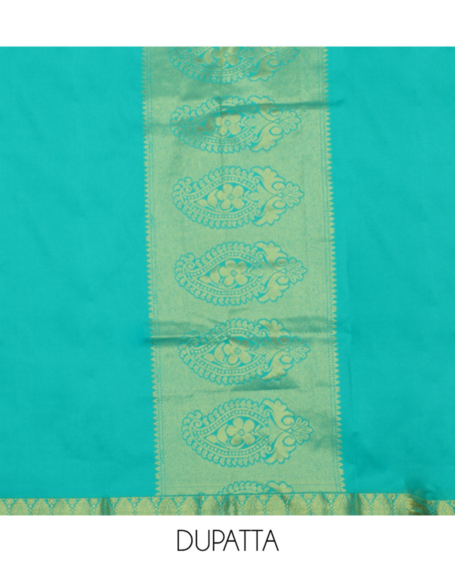 Orange Art Silk Material Half Saree Set, Bedecked with Jacquard Design Skirt, a Contrast Traditional Zari Border of Floral Creeper Designs, Contrast Zari-Jacquard Blouse, and a Dhavani of Paisley Designs