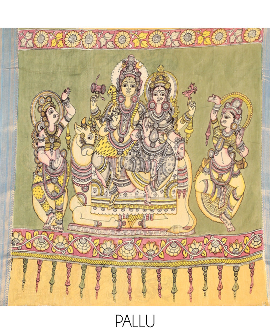 Yellow Kalamkari Silk Saree, Beautified with Ancient Human Figurines, a Contrast Traditional Zari Border, Pallu of Ancient Human Motifs, and a Contrast Blouse