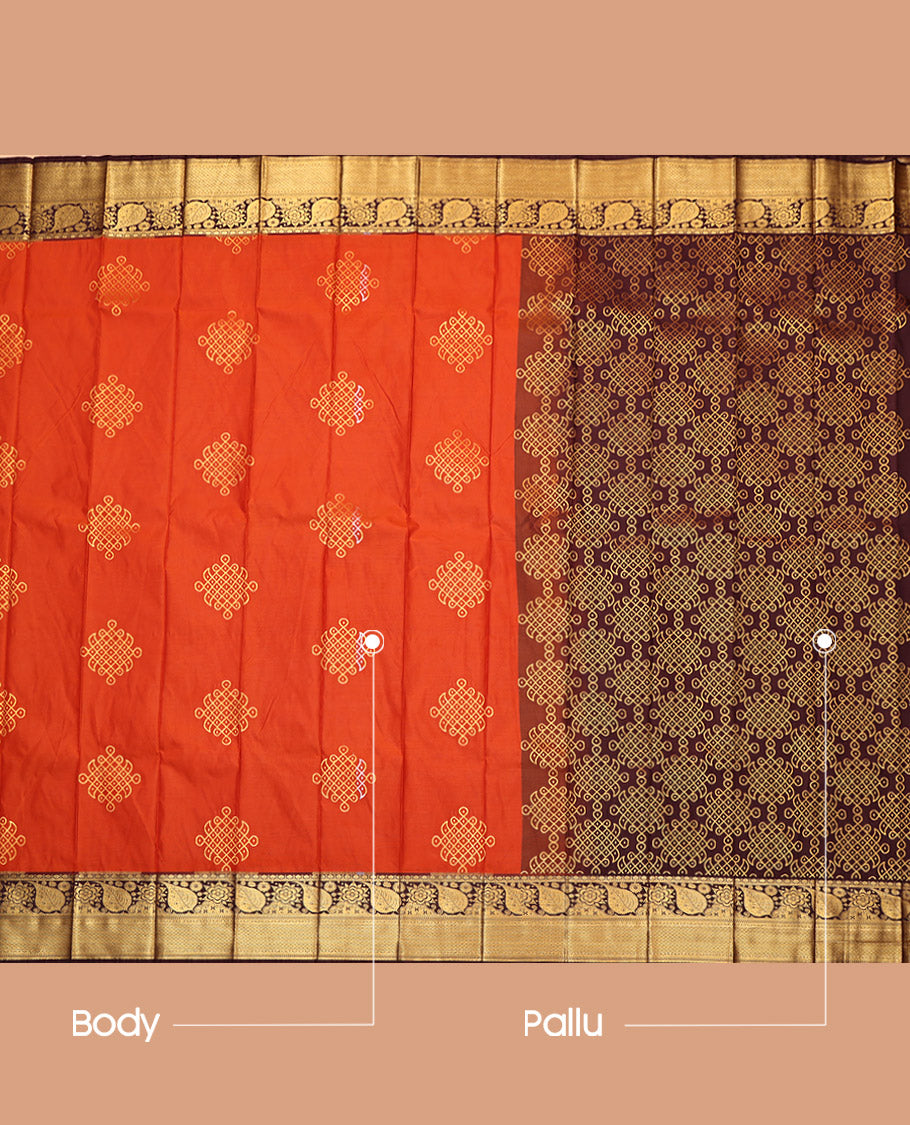 Orange Budget Silk Saree, Detailed with Zari Kolam Buttas, a Contrast Traditional Zari Border, Kolam Design Pallu, and a Contrast Blouse