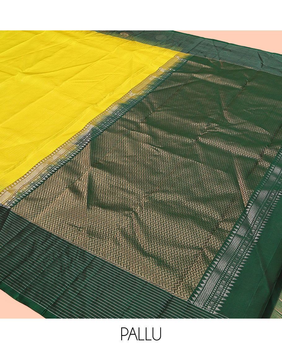 Yellow Kanchipuram Silk Saree, Sparsely Woven with Vaira Oosi Stripes, Complemented by a Contrast Checked Mayil-Chakram Border, Vanki Pallu, and a Contrast Blouse