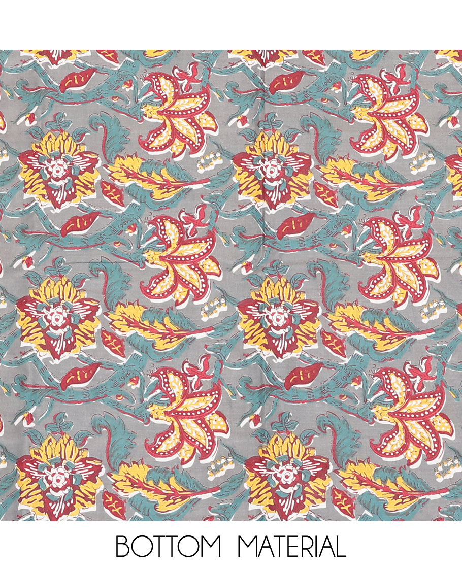 Grey Cotton Material Churidar Set, Ornamented with Floral Print and Embroidery Top, Floral Bottom, and a Printed Dupatta