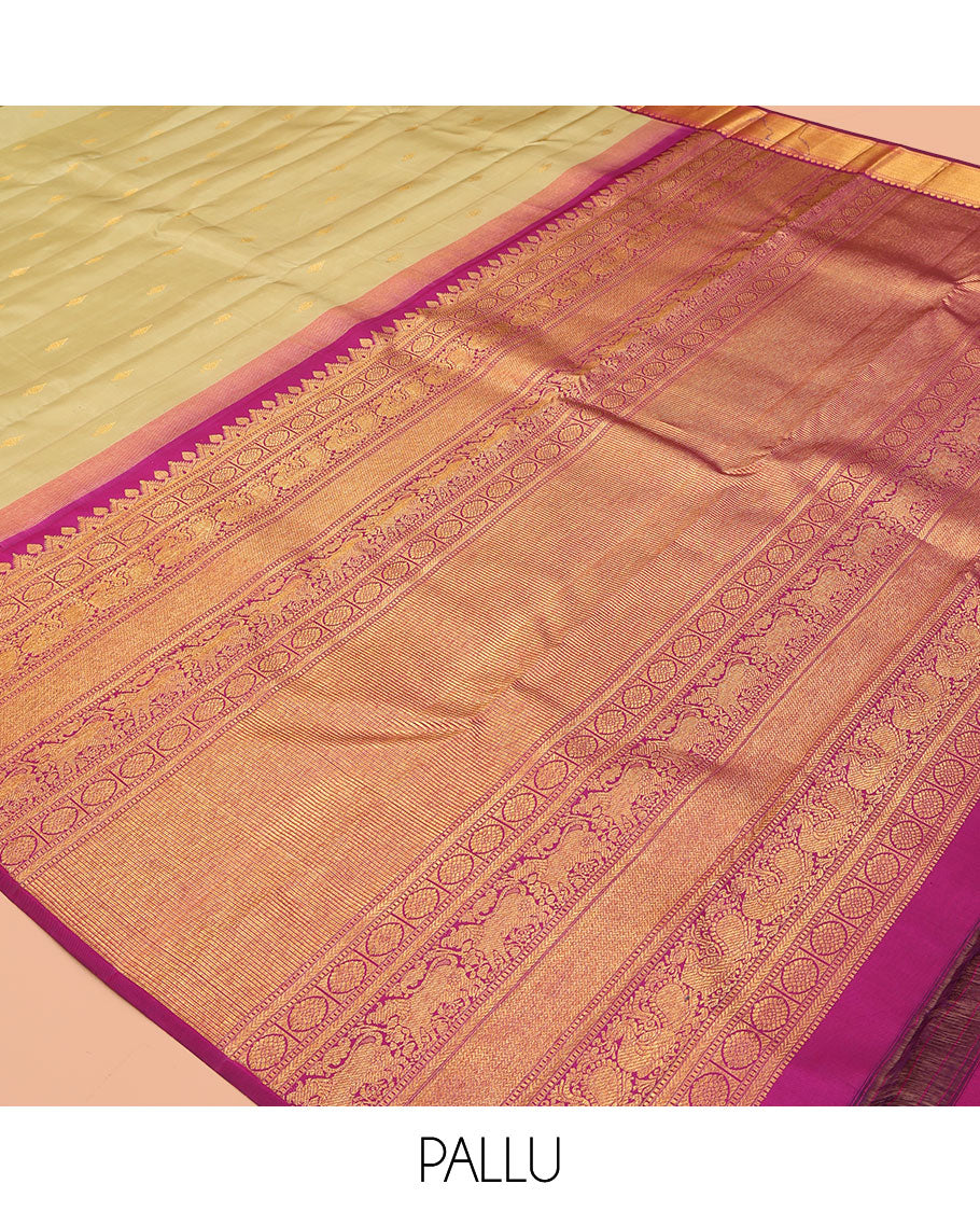 Pale Yellow Kanchipuram Silk Saree, Woven with Zari Buttas, a Contrast Korvai Border of Thilakam Mokku, Kamalam, Greek Key, and Cross Kamalam Designs, Grand Pallu, and a Contrast Blouse