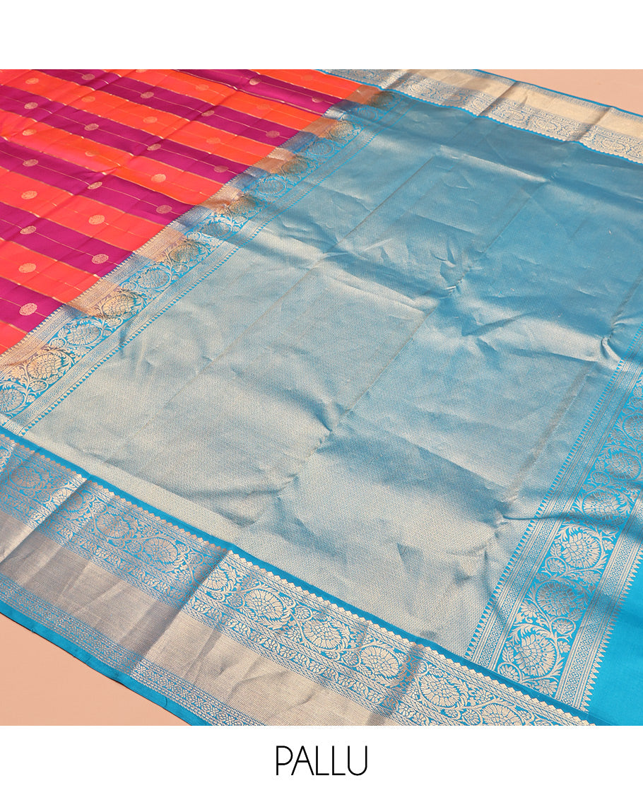 Orange-Pink Vasundhara Silk Saree, Mesmerized with Zari Buttas and Stripes, Contrast Border of Kodi Visiry Designs, Grand Pallu, and a Contrast Blouse