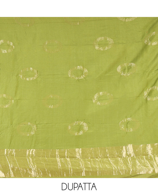 Parrot Green Mul Chanderi Material Chudidar Set, Subtly Sparkled with Buttas Top, a Matching Bottom, and a Circle Motif Woven Dupatta
