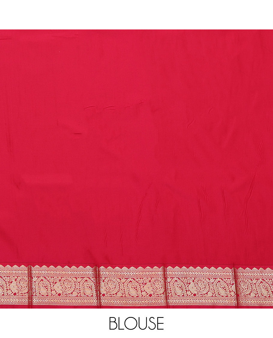 Green Budget Silk Saree, Ornamented with Zari Buttas and Micro-Checks, Complemented by a Contrast Traditional Zari Border, Geometric-Patterned Pallu, and a Contrast Blouse