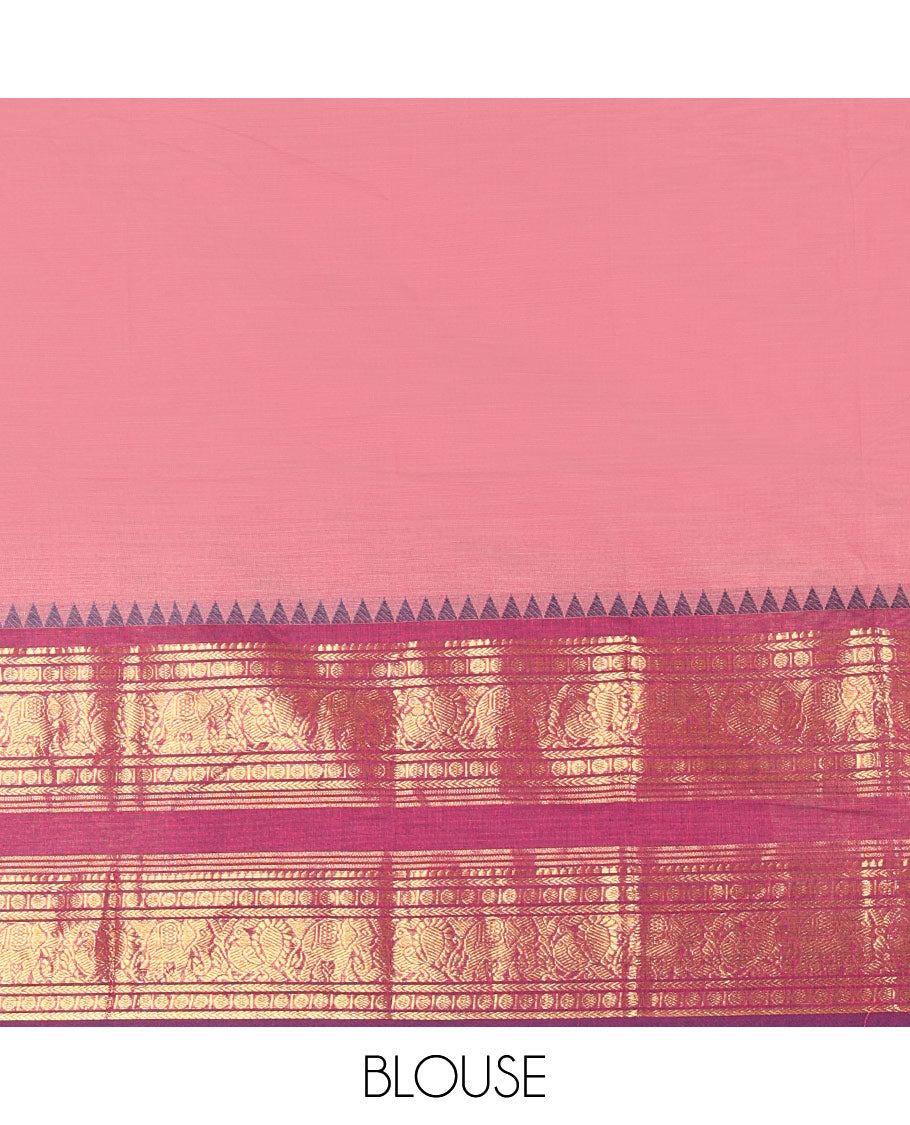 Onion Pink-Magenta Chettinad Cotton Half-Saree Featuring a Plain Skirt, Highlighted with a Contrast Peacock-Elephant Motifs Woven Rettai Pettu Zari Border, a Subtly Woven Matching Blouse, and a Vichitra Silk Contrast Traditional Zari-Bordered Dhavani