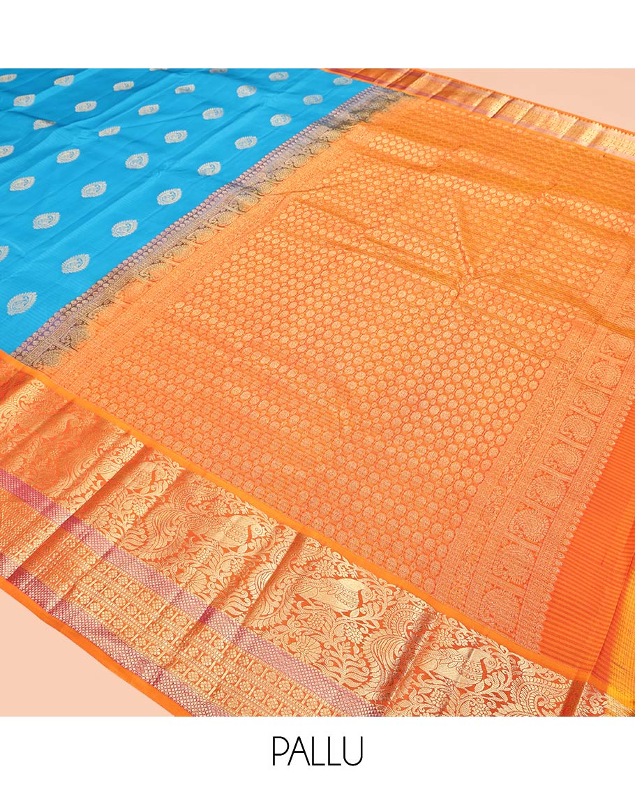 Blue Vasundhara Silk Saree, Woven with Zari Buttas, Contrast Border of Mayil, Mayil Kann, Muthu, and Kamalam Designs, Grand Pallu, and Contrast Blouse
