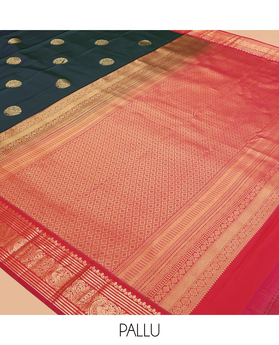 Green Vasundhara Lite Silk Mix Saree, Embellished with Zari Buttas, a Contrast Round Mayil Zari Border, Jaal Pallu, and Contrast Blouse