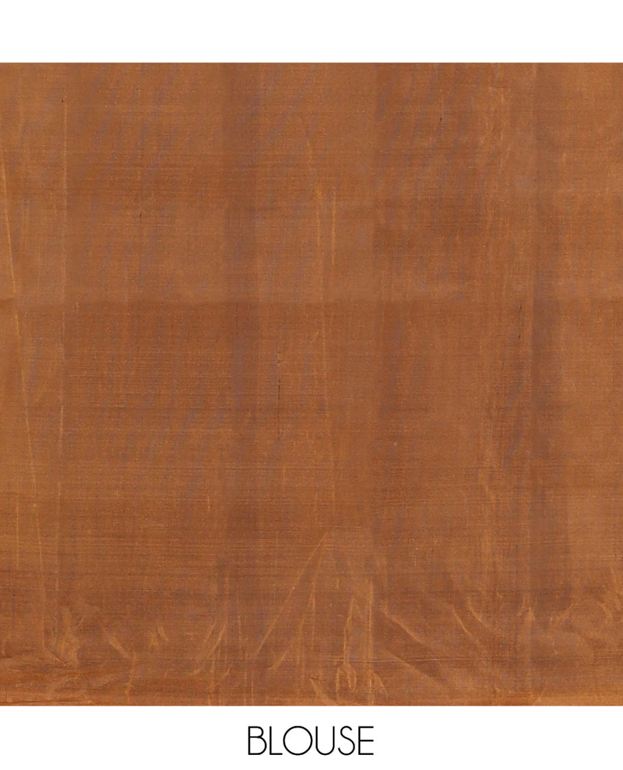 Peach Mayuri Lite Silk Mix Saree, Ornamented with Triangle Zari Buttas, Complemented By Contrast Border of Triangle Buttas, a Leaf Vine Pallu, and a Contrast Blouse