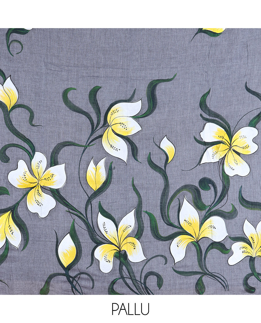 Borderless Grey Khadi Mul Cotton Saree Features Floral Hand-Brush Painting, and a Matching Blouse